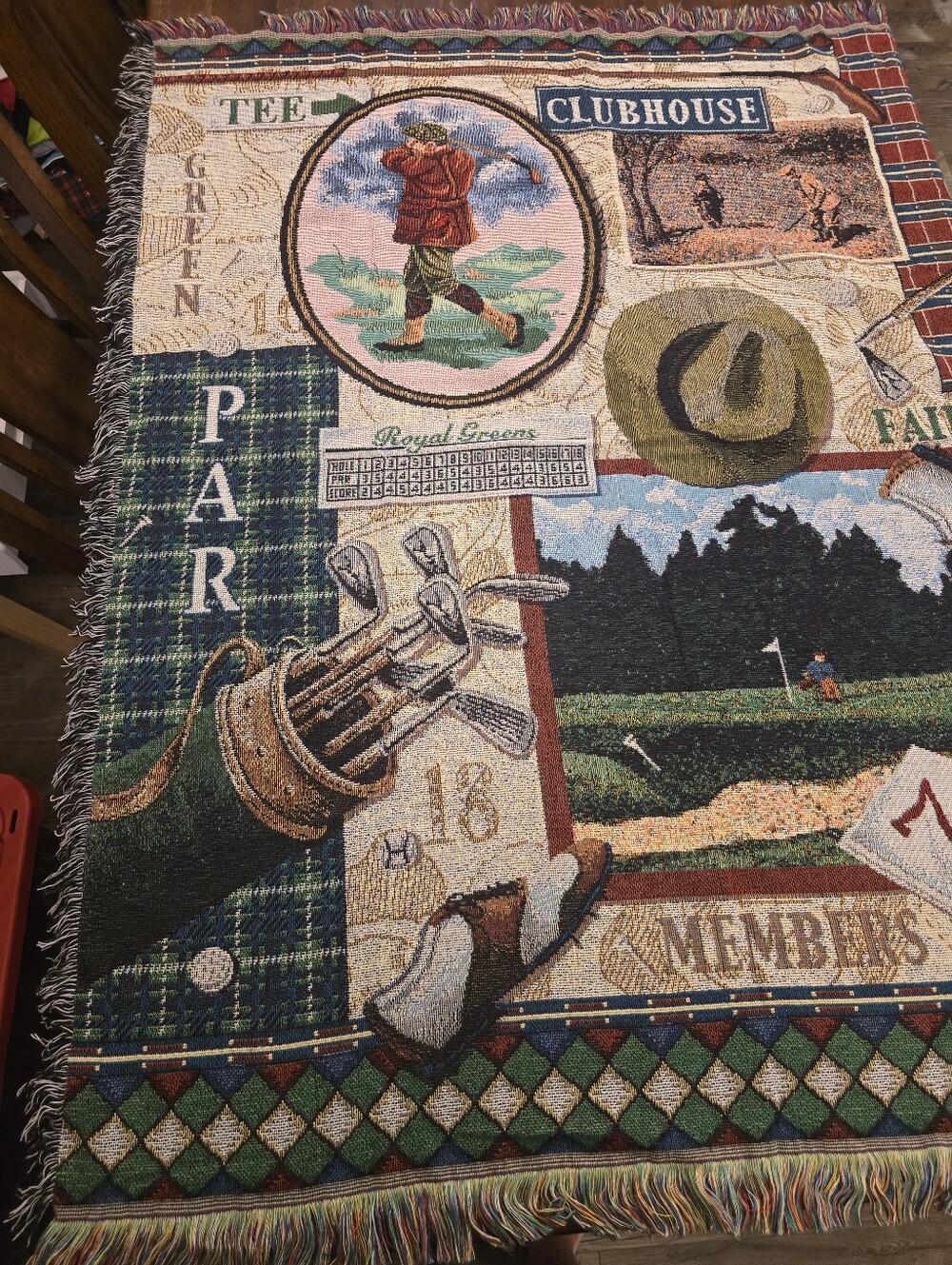 Vintage 90s Woven Tapestry / Throw Blanket With Vintage Golf Motif. Like New.